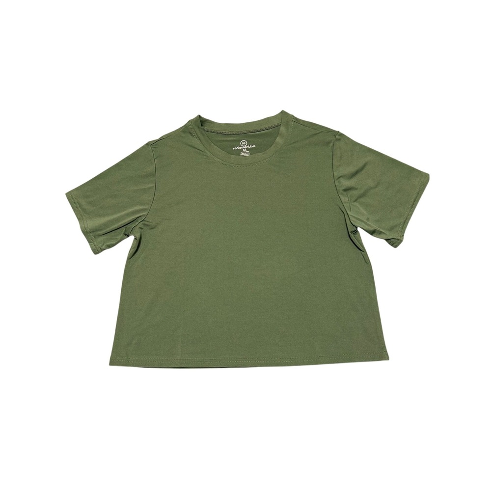 Real Essentials Womens Olive Green Activewear Crop Top Short Sleeve Tee XS